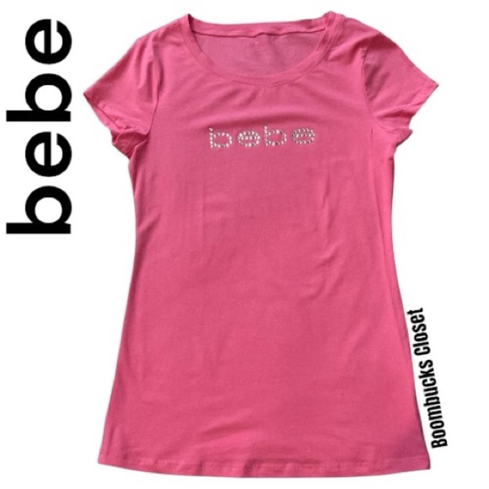NWT Bebe crystal embellish logo Vibrant Pink Short Sleeve Tee